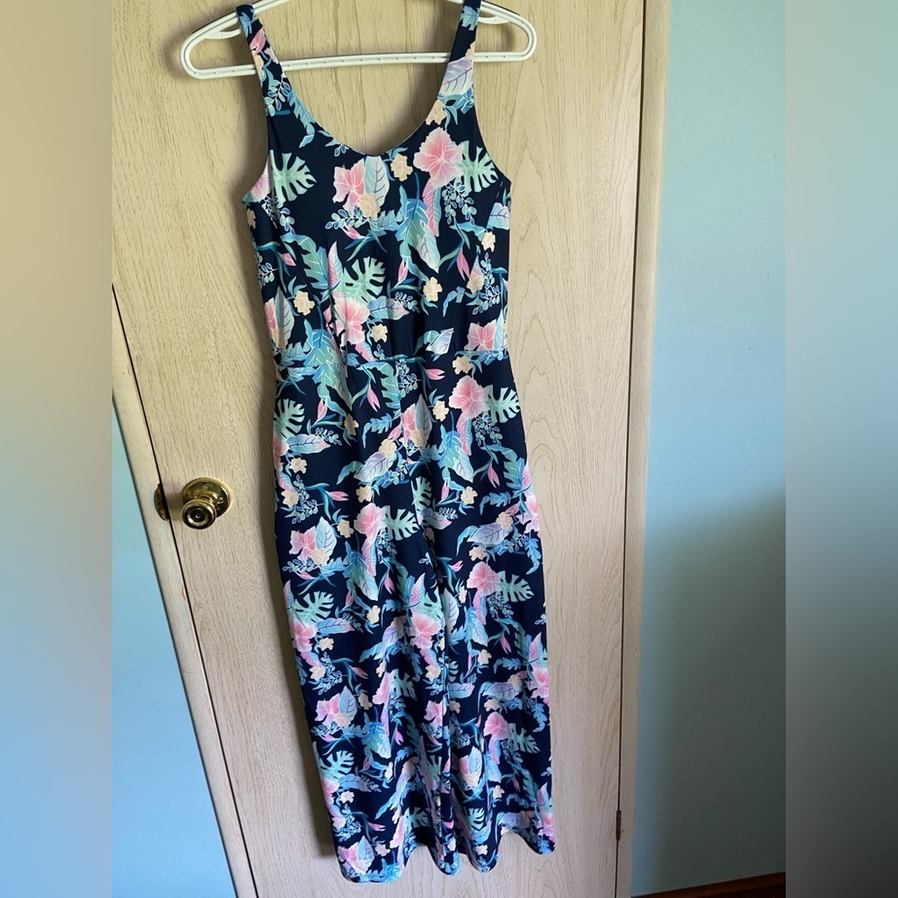 BRISAS Fabulous Athletic Wide Leg Tropical Flower Navy Jumpsuit Built in Bra S